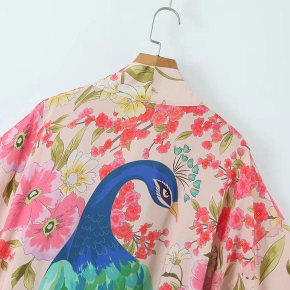 Boho Floral Tropical Peacock Print Cover up Kimono - Picture 7 of 8